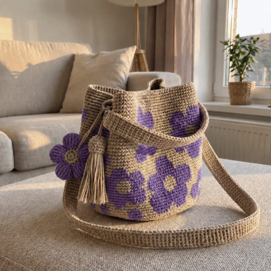 Bolso de flores de ganchillo Floria — flor morada