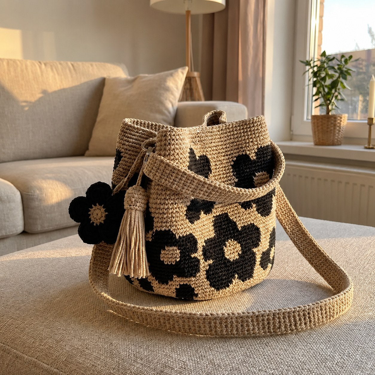 Bolso de flores de ganchillo — color negro
